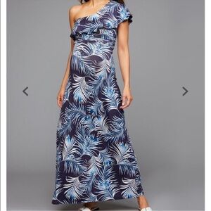 A Pea in the Pod One-Shoulder Navy Palm Tropical Maternity Dress